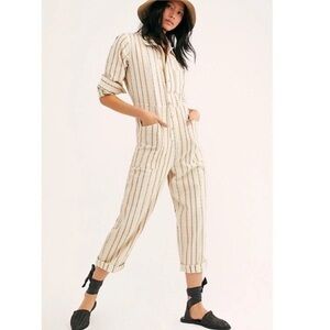Free People Gia Yarn Dye Coveralls Beige Striped Utility Jumpsuit Size Small